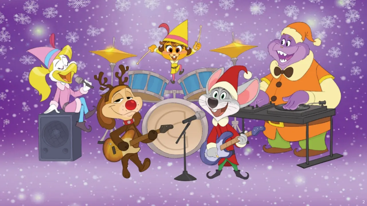 A Chuck E. Cheese Christmas backdrop